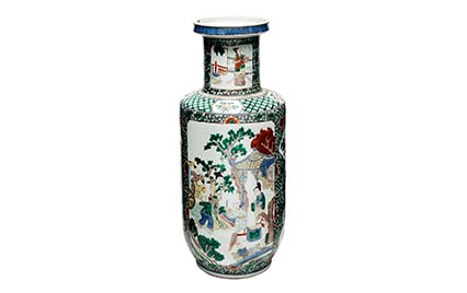 Lot1601  清康熙  五彩开光人物故事棒槌瓶  